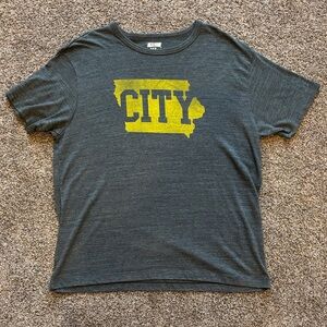 Tailgate Men’s Dark Gray Graphic Tee with Yellow 'CITY'. University of Iowa.